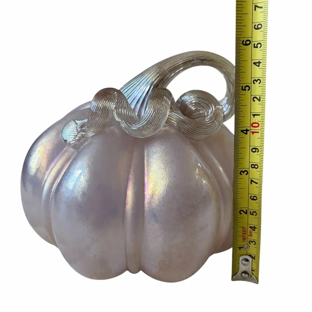 Hand Blown Art Glass Pumpkin 6in Iridescent Pink Chic Fall Designer Decor NEW